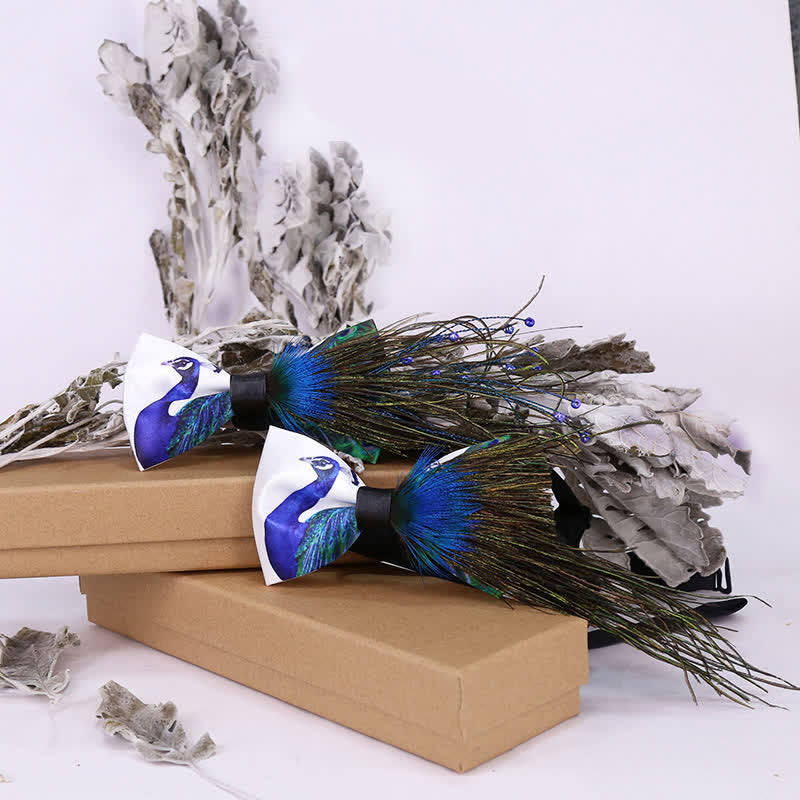 Nœud papillon en plumes et perles de paon bleu