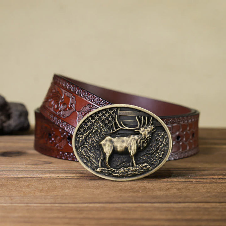 Ceinture en cuir à boucle pour homme avec drapeau américain et élan
