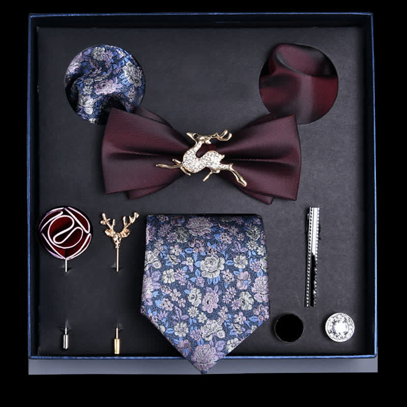 Lot de 8 nœuds papillon décontractés à fleurs bordeaux et bleus, coffret cadeau - Bordeaux et bleu - image 0