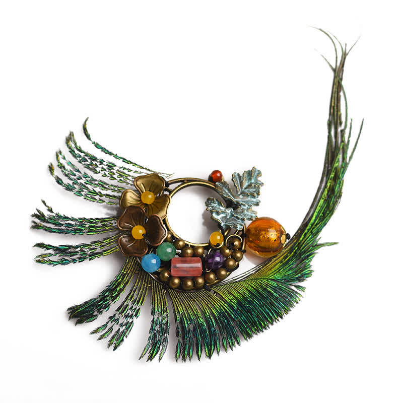 Broche rétro en bronze avec plume de paon et fleur pour femme