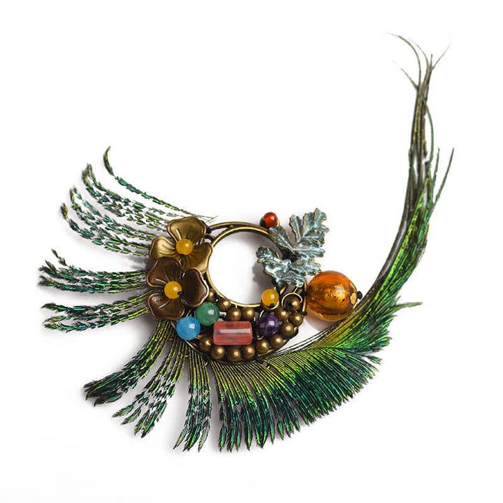 Broche rétro en bronze avec plume de paon et fleur pour femme