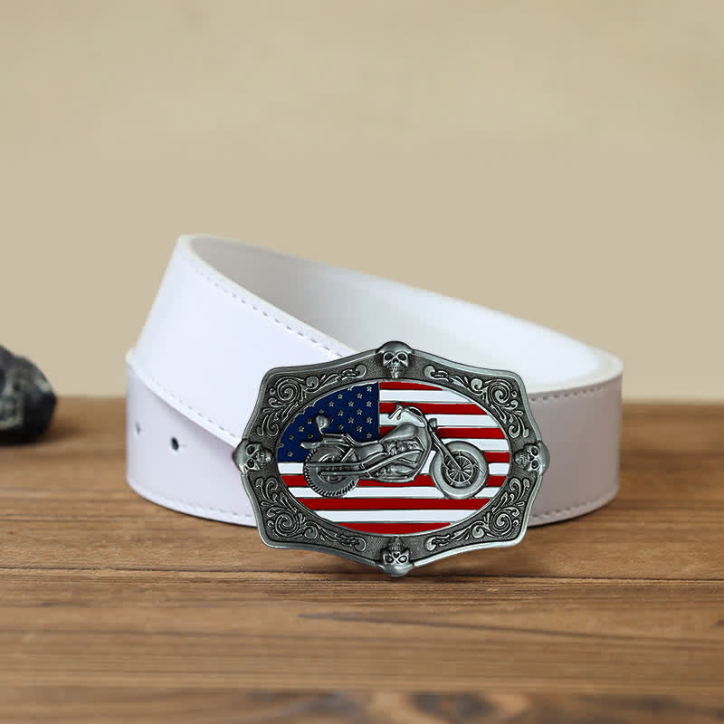 Ceinture en cuir à boucle tête de mort pour homme avec drapeau américain et moto