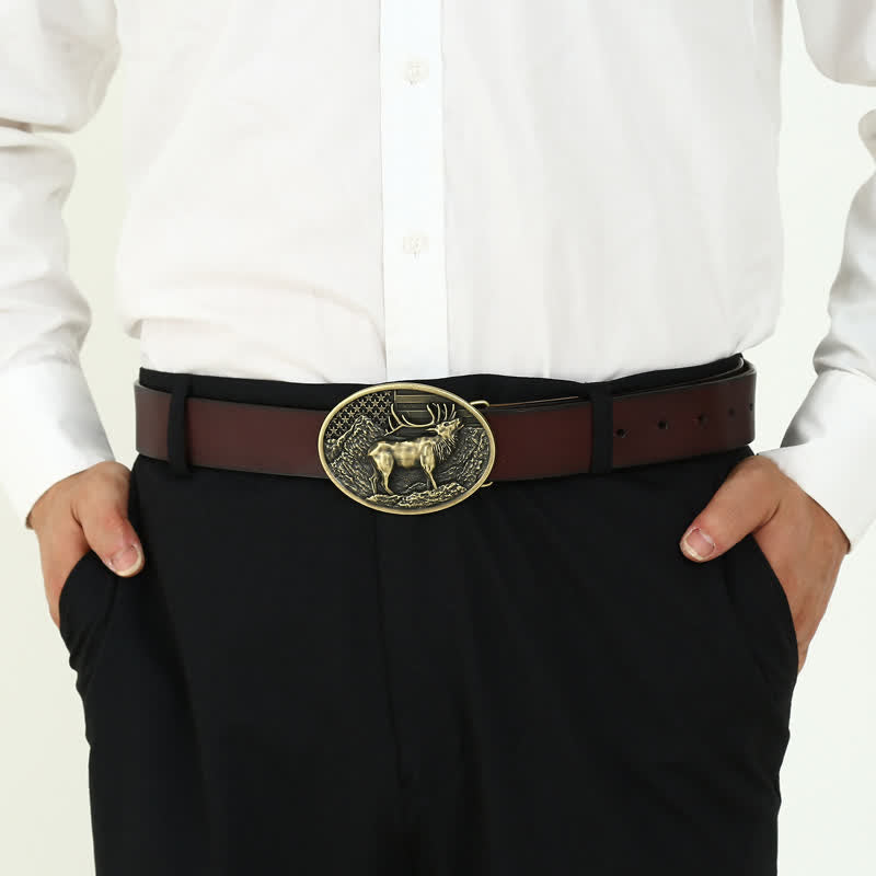 Ceinture en cuir à boucle pour homme avec drapeau américain et élan