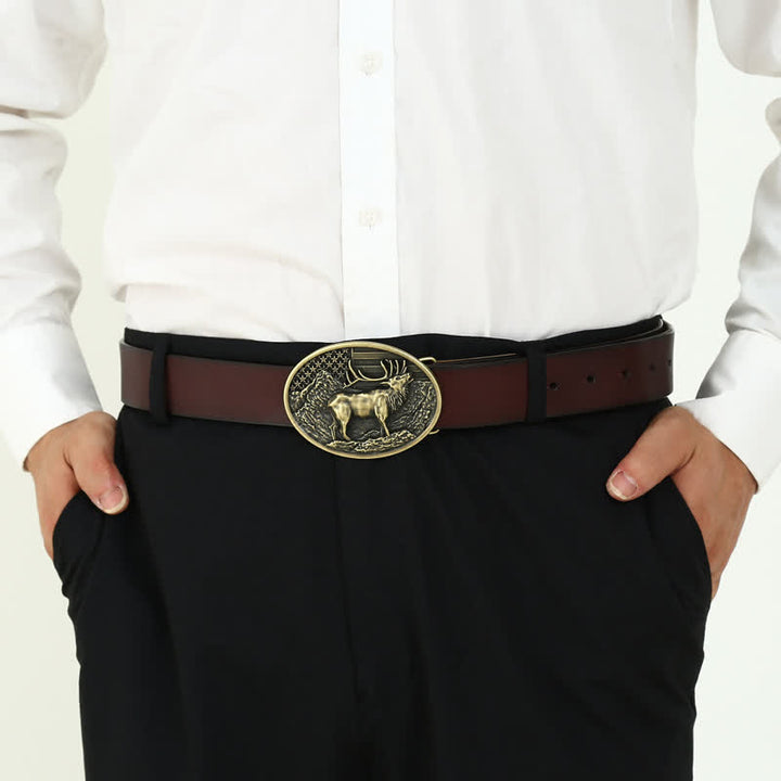 Ceinture en cuir à boucle pour homme avec drapeau américain et élan