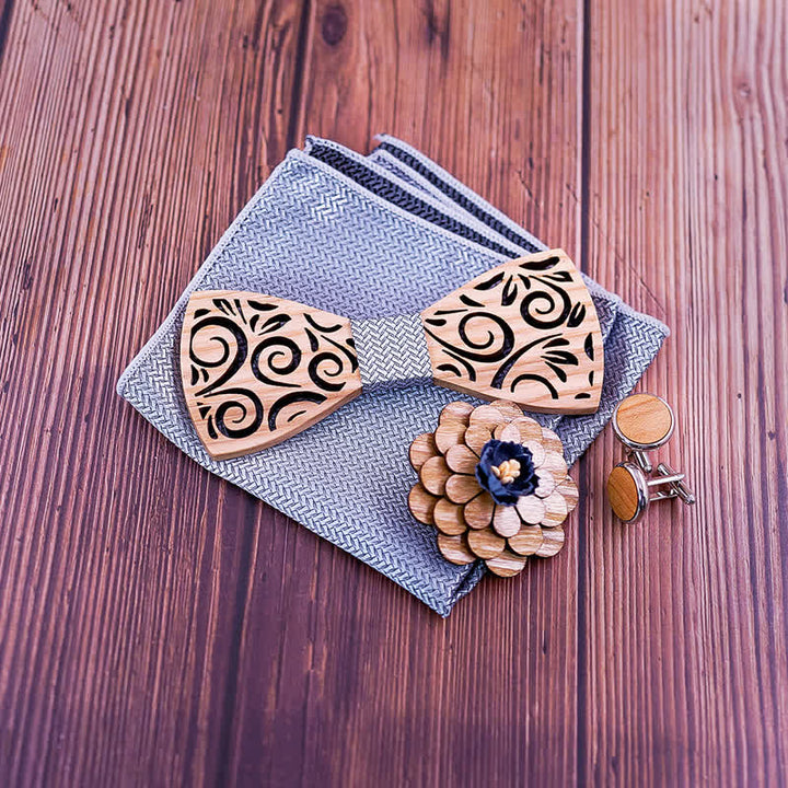 Lot de 4 nœuds papillon en bois à motif de feuilles creuses pour homme