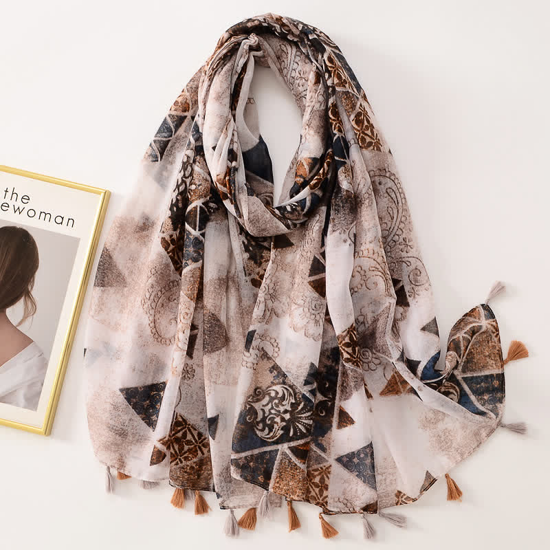Écharpe fine à pompon et motif papillons floraux pour femme