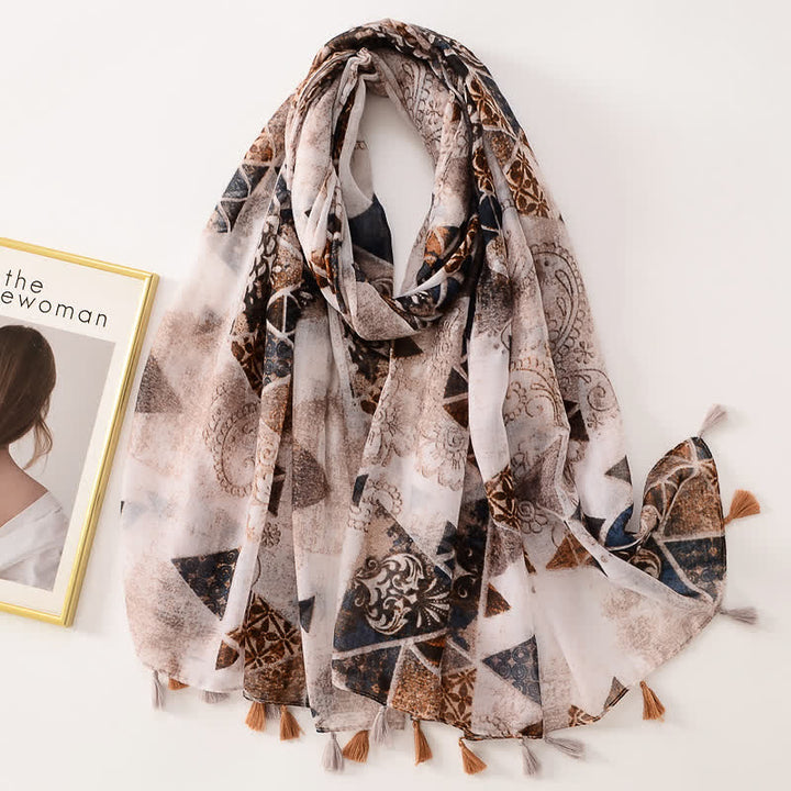 Écharpe fine à pompon et motif papillons floraux pour femme