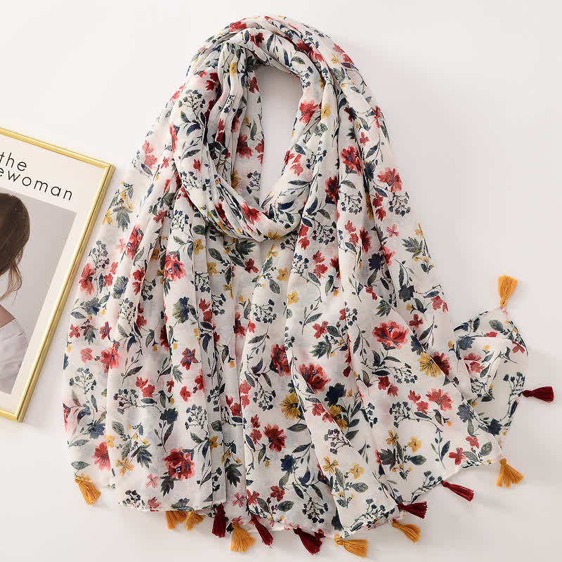 Écharpe fine à pompon et motif papillons floraux pour femme
