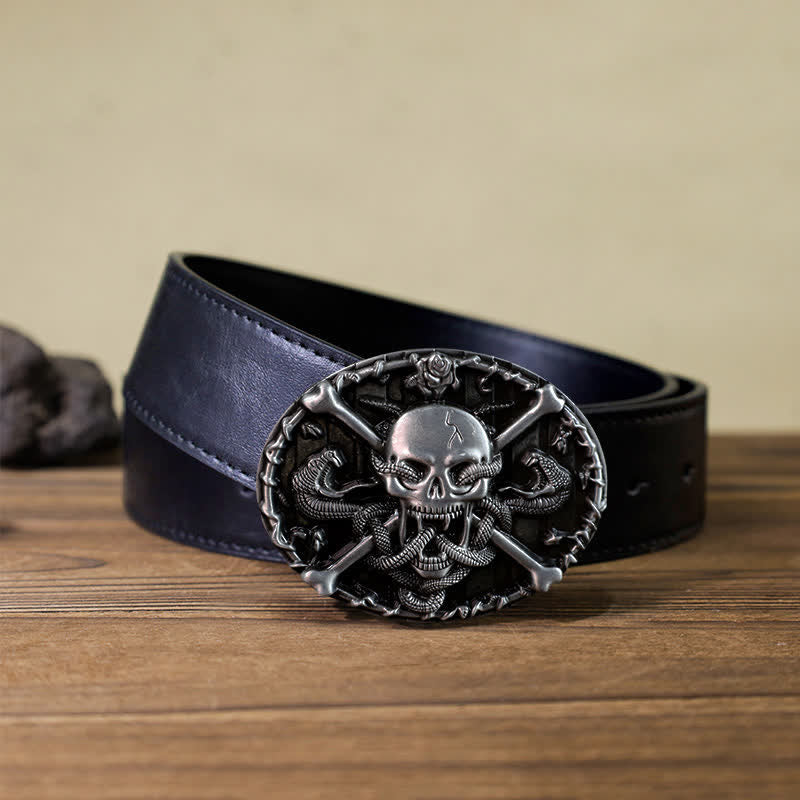 Ceinture en cuir à boucle serpent gothique pour homme avec tête de mort et croix
