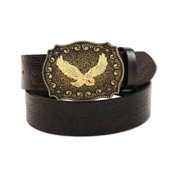 Ceinture en cuir à boucle gravée pour homme avec motif d'aigle royal puissant