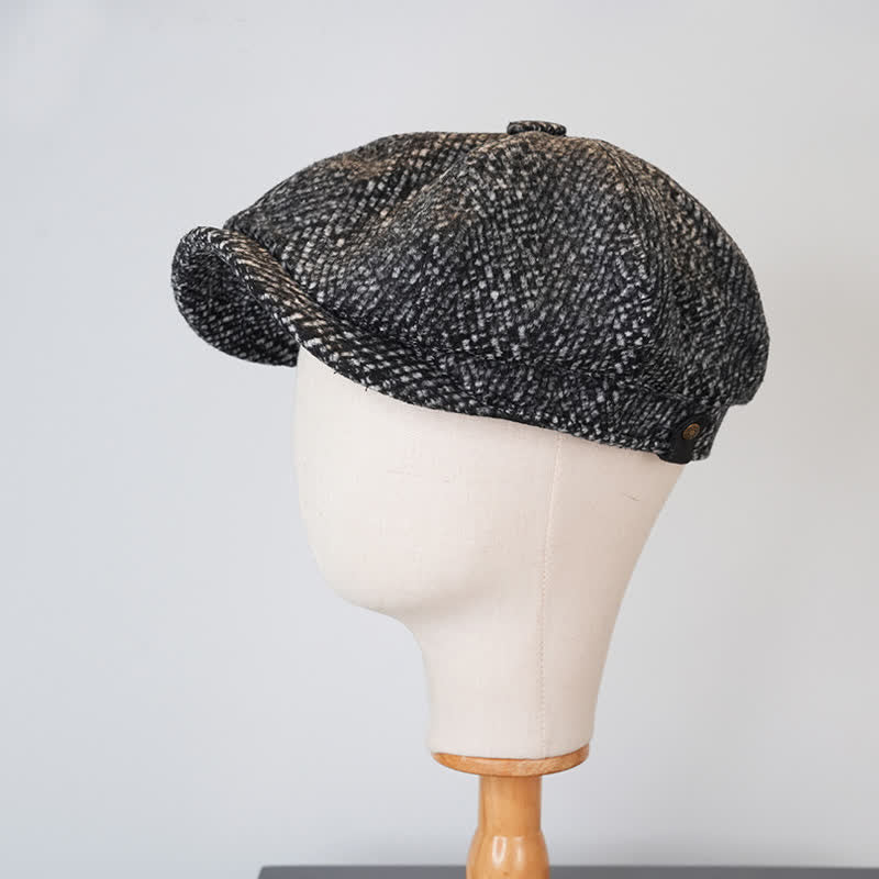 Casquette béret octogonale en tweed moucheté noir