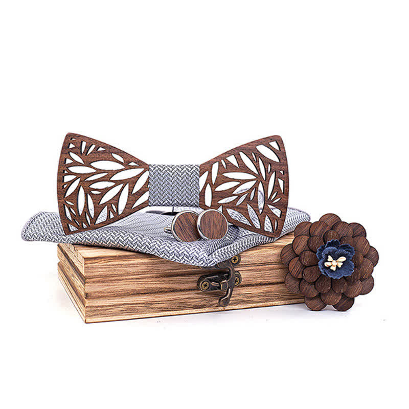 Lot de 4 nœuds papillon en bois à motif de feuilles creuses pour homme