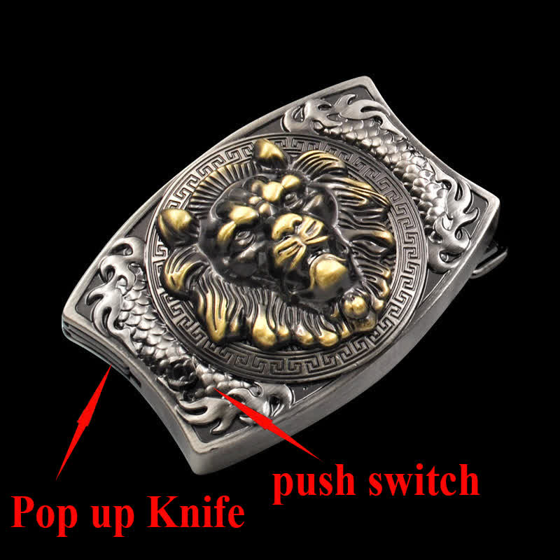 Ceinture en cuir pour homme avec couteau pliant caché Lion doré