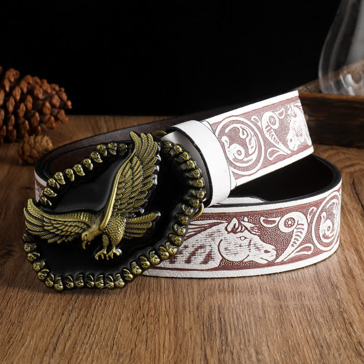 Ceinture en cuir pour homme avec motif d'aigle en or antique et faucon planant