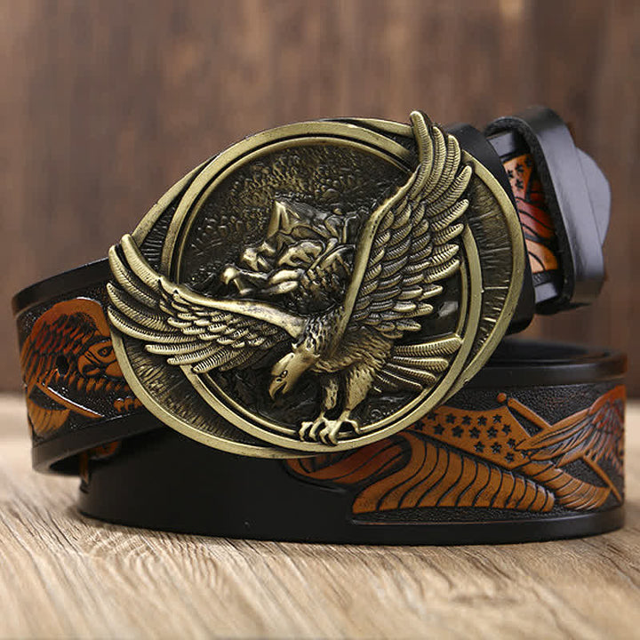Ceinture en cuir à motif sculpté avec boucle d'aigle volant fantaisie pour homme