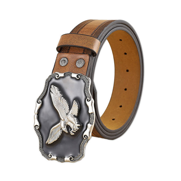 Ceinture en cuir à boucle noire avec motif aigle en relief argenté pour homme