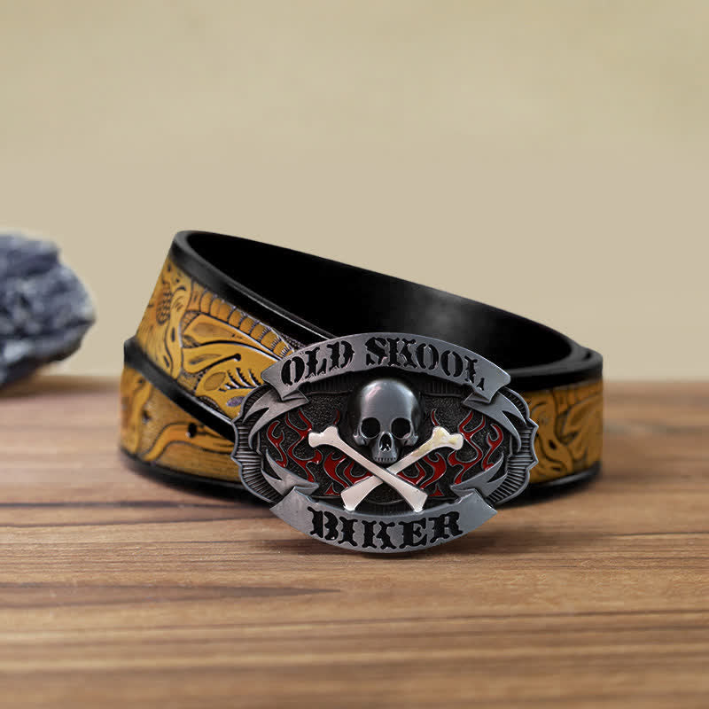 Ceinture en cuir à boucle croisée pour homme avec tête de mort et os