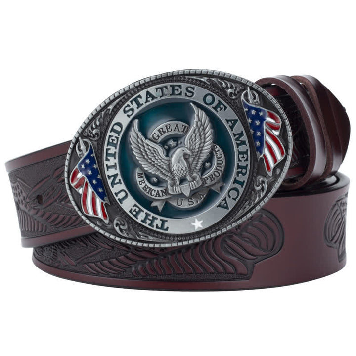 Ceinture en cuir à boucle patriotique pour homme avec ailes déployées et aigle
