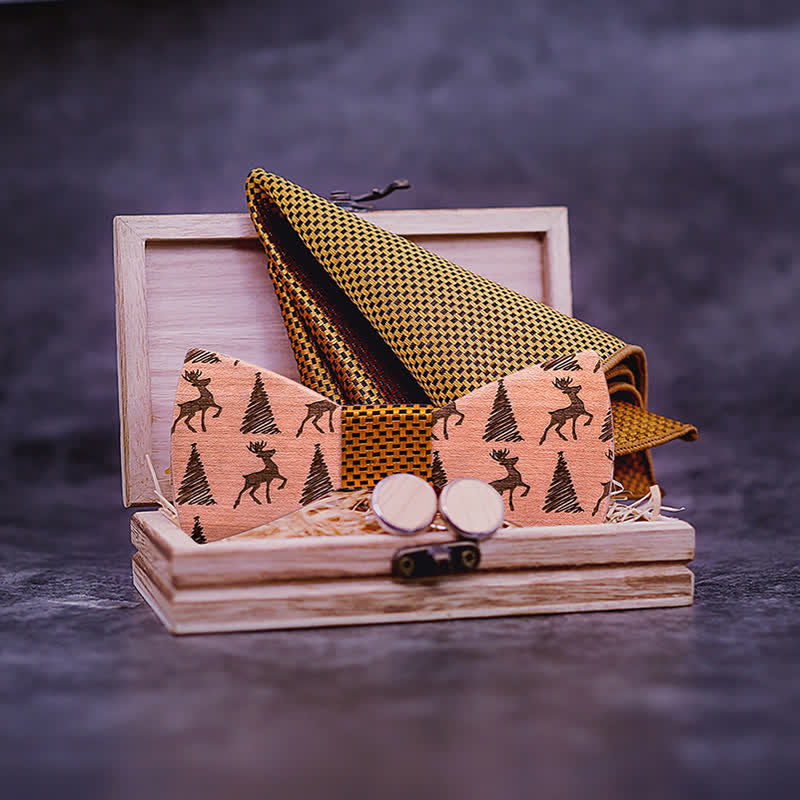 Lot de 3 nœuds papillon en bois à motif cerf et sapin de Noël pour homme