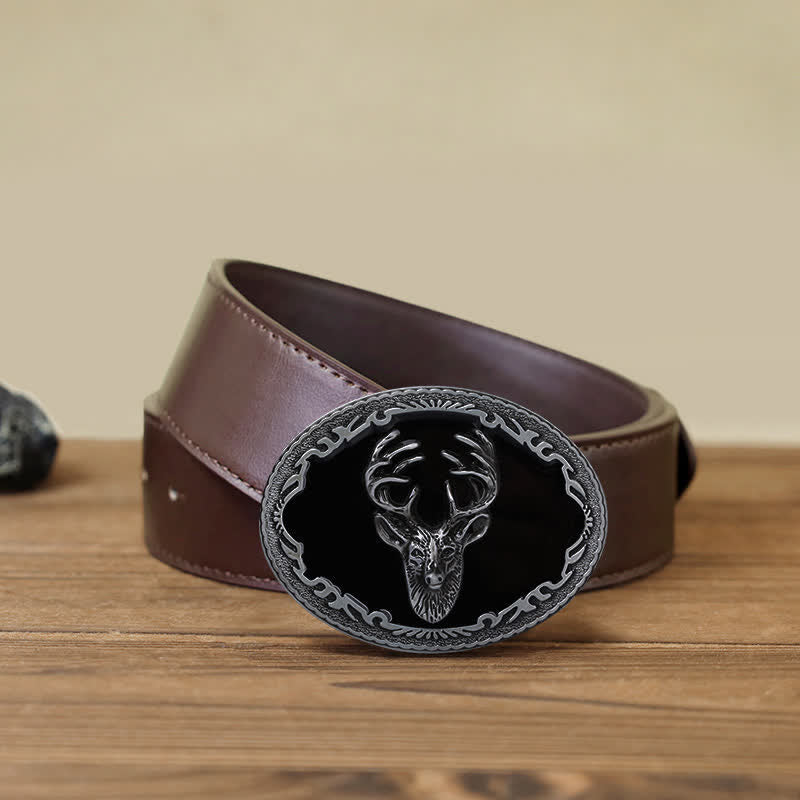 Ceinture en cuir à boucle tête de cerf noire pour homme