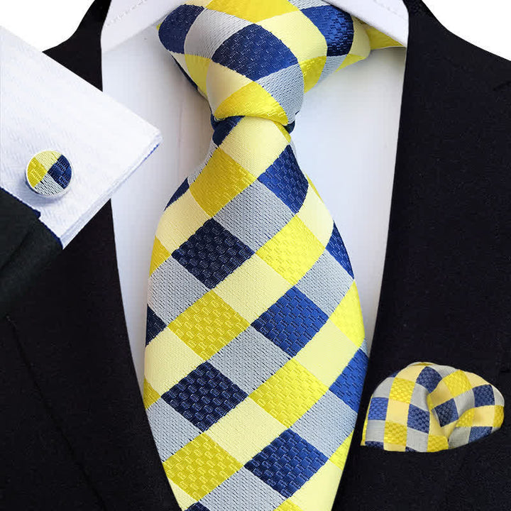 Ensemble de 3 cravates à carreaux de couleur vive pour hommes - Jaune et bleu marine - image 0