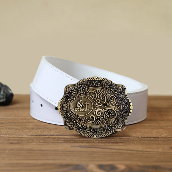 Ceinture en cuir à boucle gravée pour homme avec motif floral et prière sincère