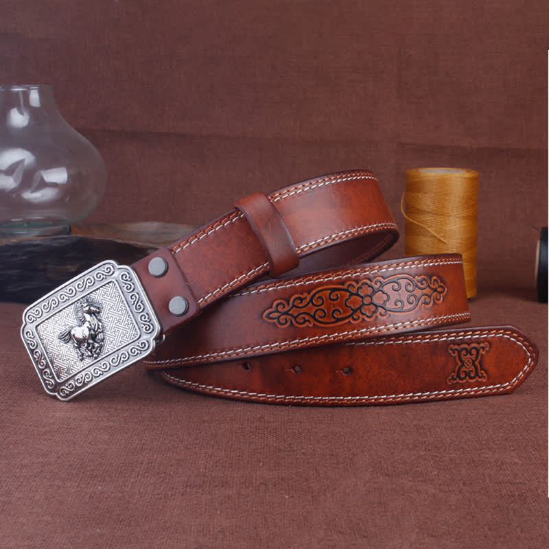 Ceinture en cuir de cheval argenté ethnique pour homme avec motif cowboy