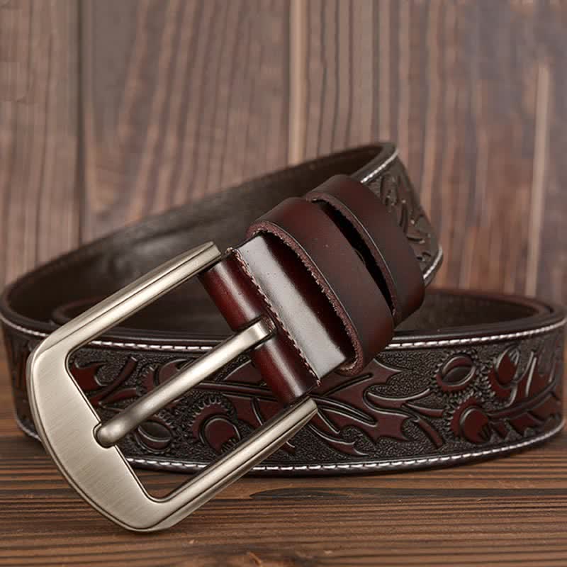 Ceinture en cuir à motif floral en relief pour homme
