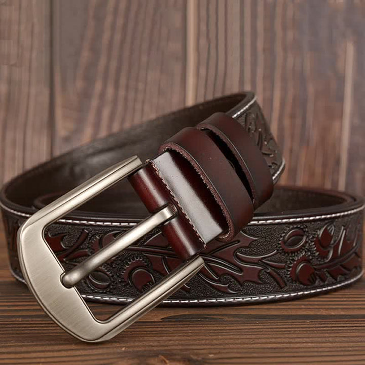 Ceinture en cuir à motif floral en relief pour homme