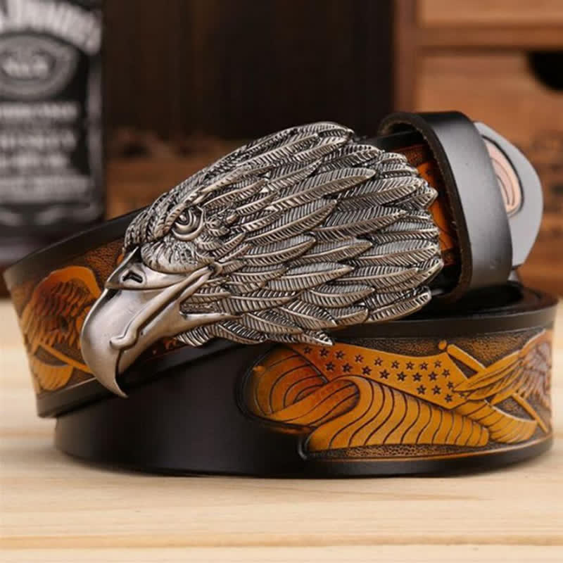Ceinture en cuir avec boucle d'aigle et tête de vautour 3D pour homme