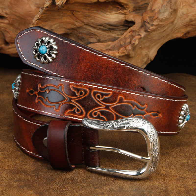 Ceinture unisexe rétro en cuir marron turquoise à fleurs