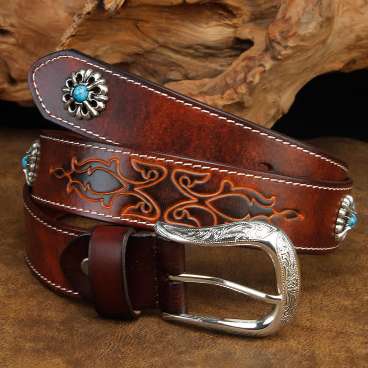 Ceinture unisexe rétro en cuir marron turquoise à fleurs