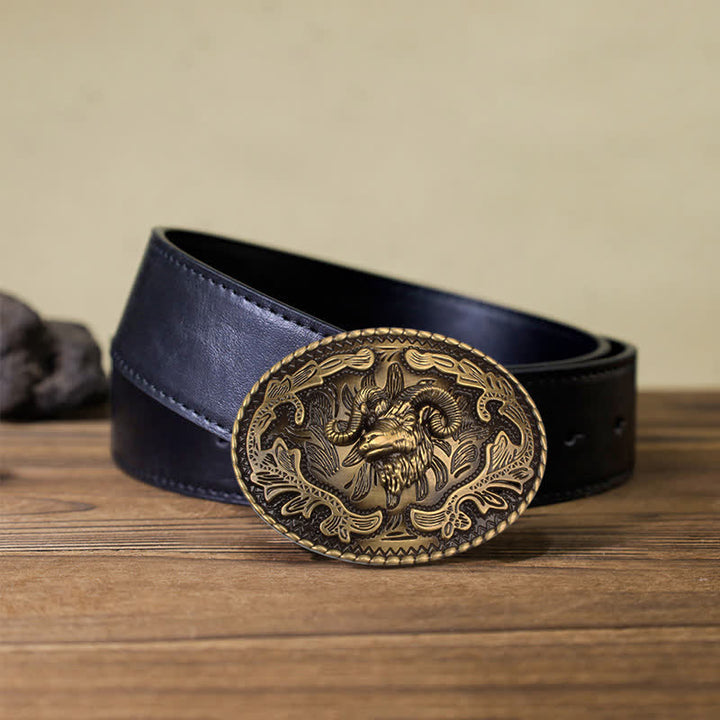 Ceinture en cuir à boucle tête de chèvre sauvage en bronze pour homme