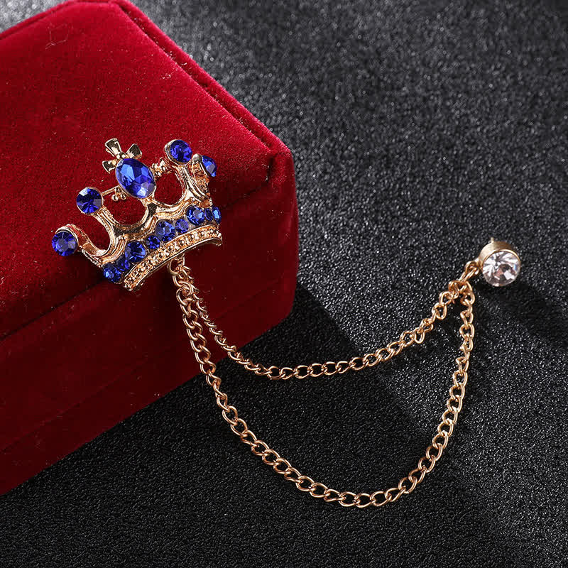 Broche en chaîne et strass pour homme avec couronne rétro - Or et bleu - image 5