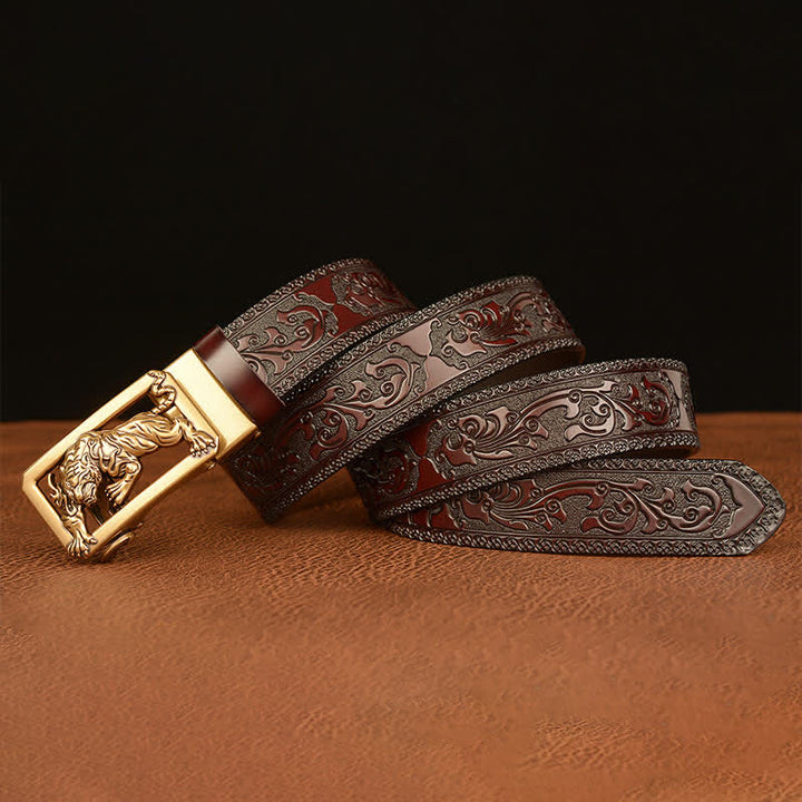 Ceinture en cuir à motif floral en relief avec boucle tigrée pour homme
