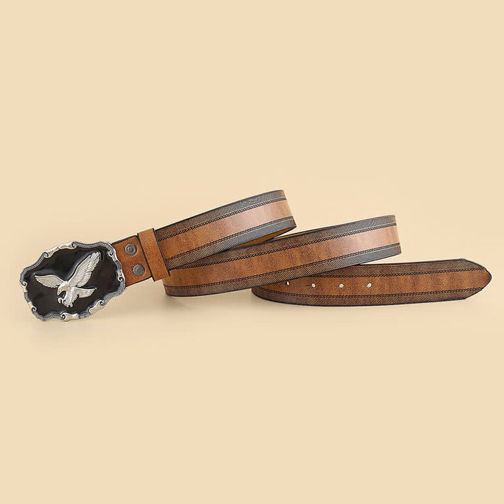 Ceinture en cuir à boucle noire avec motif aigle en relief argenté pour homme