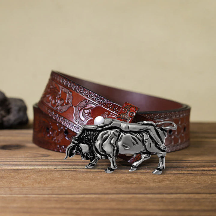 Ceinture en cuir véritable avec boucle en forme de taureau argenté pour homme