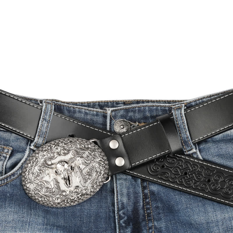 Ceinture en cuir pour homme avec plumes gravées et motif taureau