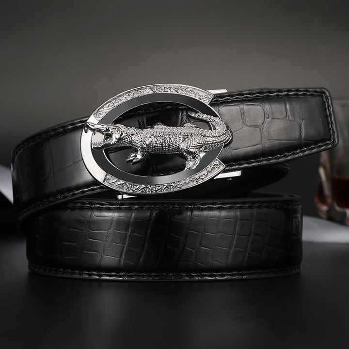 Ceinture en cuir imprimé crocodile à boucle automatique pour homme - Noir/Argent - 42 - image 0