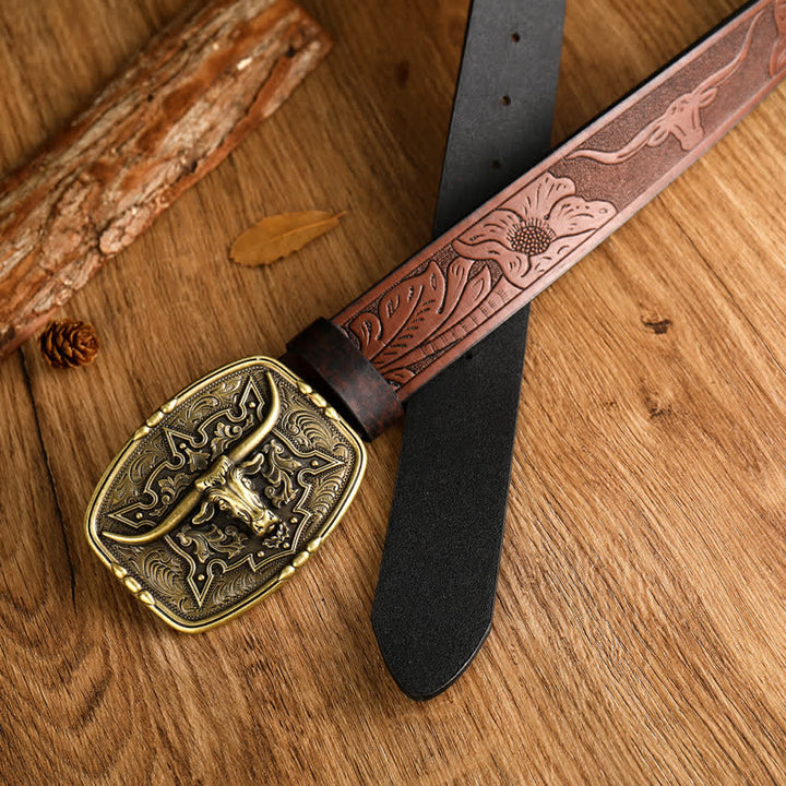 Ceinture en cuir imprimé tête de vache de style western pour homme