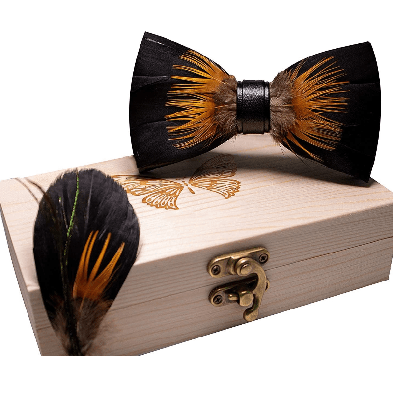 Nœud papillon en plumes de tournesol orange et noir avec épingle à revers
