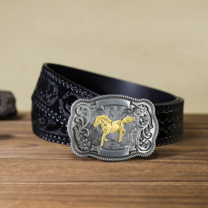 Ceinture en cuir à boucle animalière sculptée en or pour homme - Cheval - Ceinture noire sculptée (40) - image 6