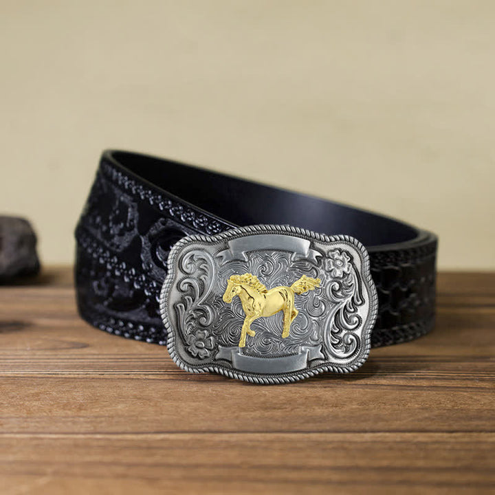Ceinture en cuir à boucle animalière sculptée en or pour homme - Cheval - Ceinture noire sculptée (40) - image 6