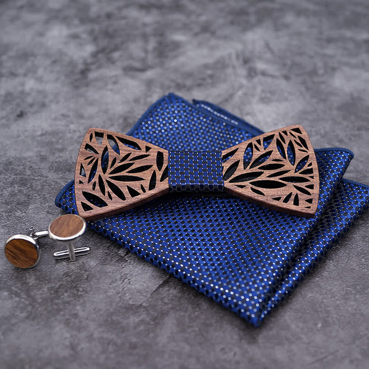 Lot de 4 nœuds papillon en bois à motif de feuilles creuses pour homme