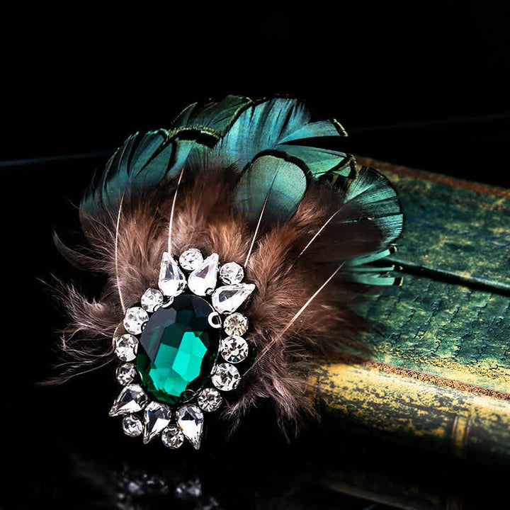Broche plume en cristal vert foncé pour femme