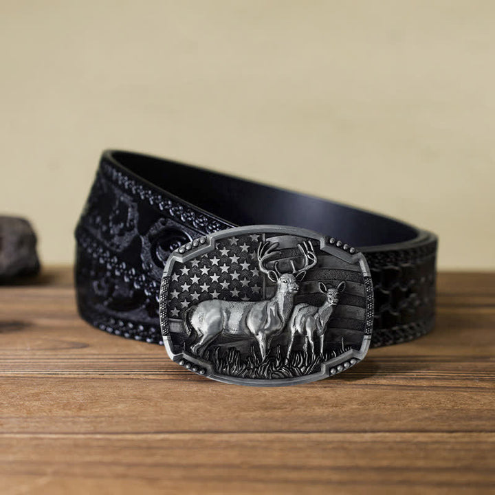 Ceinture en cuir à boucle drapeau américain pour homme avec motif de chasseur de cerfs