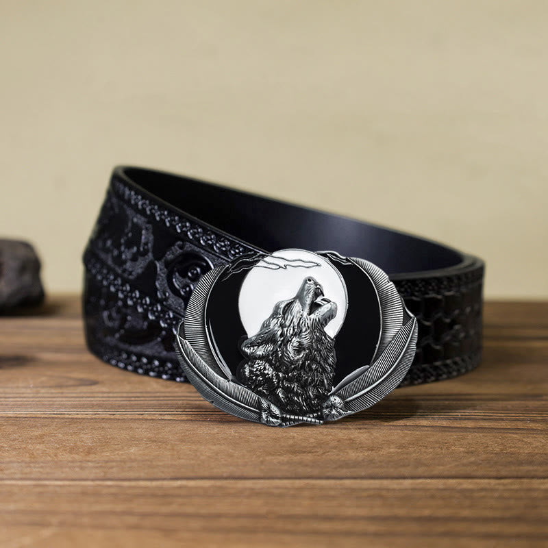 Ceinture en cuir à boucle ovale pour homme avec motif loup hurlant et lune