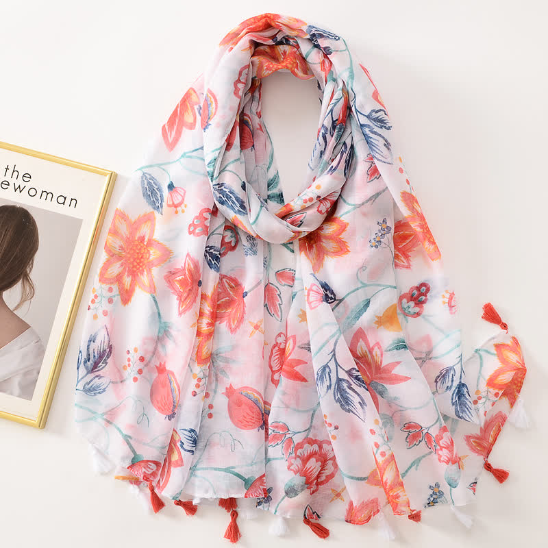 Écharpe fine à pompon et motif papillons floraux pour femme