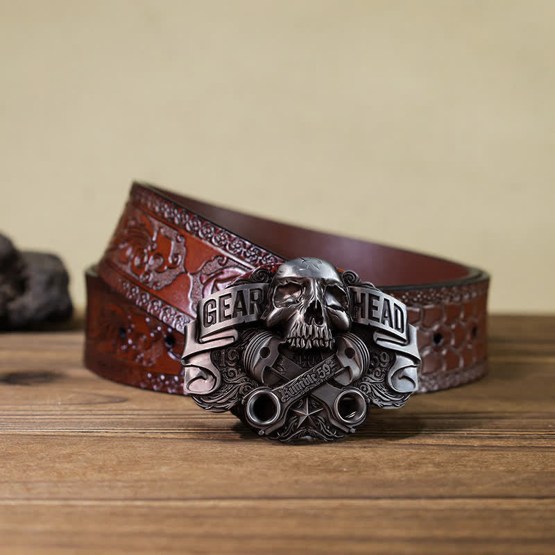 Ceinture en cuir à boucle tête de mort pour homme avec tête de piston et tête de mort