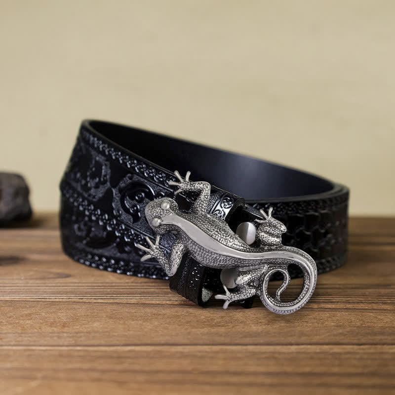 Ceinture en cuir à boucle unique en forme de lézard argenté pour homme